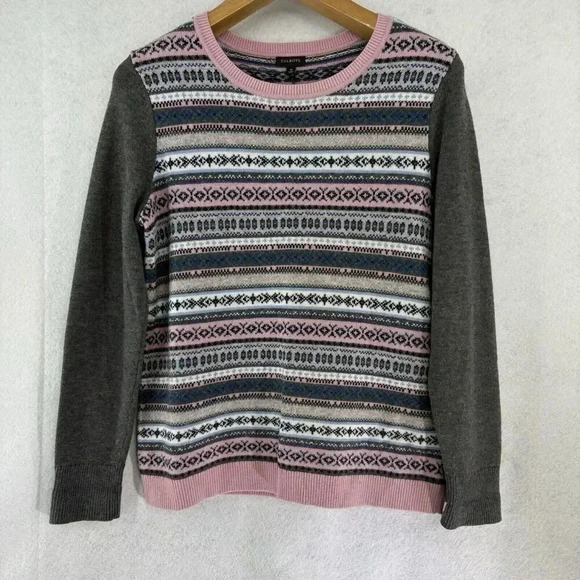 Talbots Women’s Lambswool Blend Fair Isle Sweater Size M Gray Pink Crew Neck - Picture 2 of 7